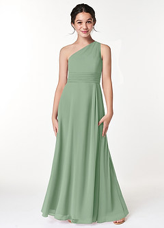 Azazie Cleo Junior Abito A-Line in Chiffon Plissettato Matcha image3