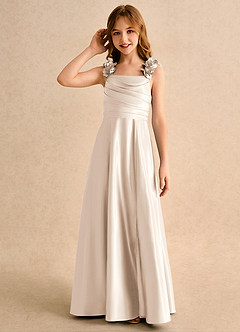 Azazie Rosita Girls Formal Vestidos de florista Vestido Alabastro Branco de Cetim fosco de Linha A com Plissado image6