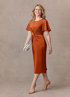 Azazie Everlyn Mother of the Bride Dresses Burnt Orange Sheath Pleated Stretch Satin Dress image2