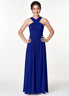Azazie Jiya Junior Royal Blue A-Line Pleated Mesh Dress image4