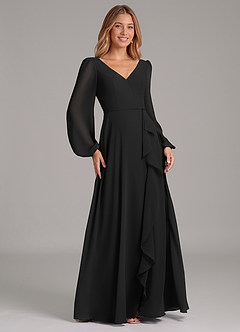 Azazie Simone At-home Try On Dresses Black A-Line Long Sleeve Chiffon Dress image4