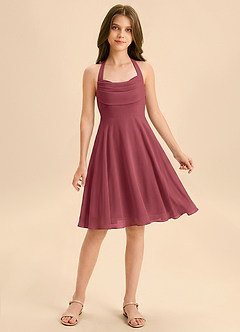 Azazie Kady Junior Vestido de Merlot de Gasa de Corte en A con Escote de Corazón image1