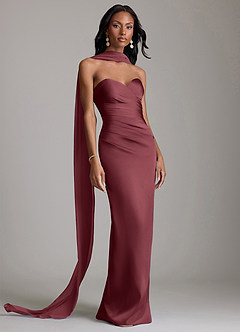 Azazie Sonora Vestidos de damas de honor Vestido de Merlot de Satén Elástico de Corte Recto con Sin tirantes image9