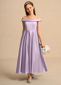 Azazie Teeny Girls Formal Final Sale Dusty Blue A-Line Pleated Matte Satin Dress image3