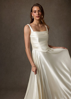 Azazie Samira Wedding Dresses Antique White A-Line Square Neckline Charmeuse Dress image4
