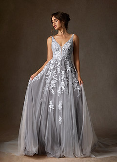 Azazie Sorella Wedding Dresses Diamond White Cocoa A-Line V-Neck Sequins Tulle Dress image6