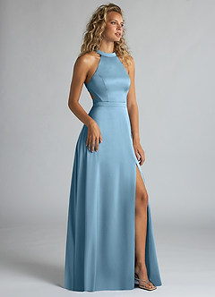 Azazie Clarice Brautjungfernkleider A-Linie Hoher Kragen Stretch-Satin Kleid Stahlblau image2
