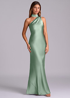 Azazie Seona Robes de demoiselle d'honneur Robe Sirène en Satin extensible Une épaule Agave image3