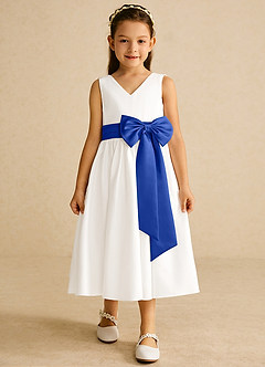 Azazie Darling Flower Girl Dresses Ivory Royal Blue A-Line Bow Cotton Dress image4