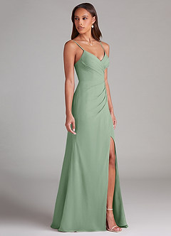 Azazie Maci Robes de demoiselle d'honneur Robe Fourreau en Mousseline de soie Plissée Matcha image4