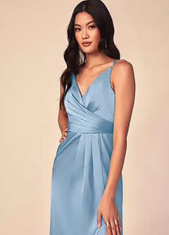 Azazie Aqua Jurken voor bruidsmeisjes Jurk van Stretch Satijn met A-Lijn V-hals geplooid Poederblauw image6