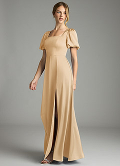 Azazie Fyona Bridesmaid Dresses Gold A-Line Pleated Stretch Satin Dress image10