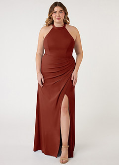Azazie Galicia Brautjungfernkleider Meerjungfrau-Linie Halter Gefaltet Stretch-Chiffon Kleid Terrakotta image5