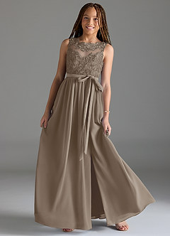 Azazie Elly Junior Taupe A-Line Lace Chiffon Dress image1
