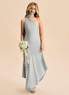 Azazie Briony Junior Vestido Prata de Cetim elástico de Bainha com Plissado image1