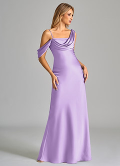 Azazie Celina Bridesmaid Dresses Lilac Sheath Off the Shoulder Stretch Satin Dress image5