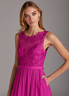 Azazie Elly Bridesmaid Dresses Fuchsia A-Line Lace Scoop Neck Chiffon Dress image6