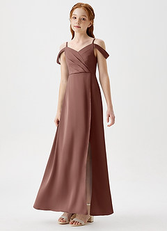 Azazie Ocean Junior Espresso A-Line Off the Shoulder Stretch Satin Dress image5