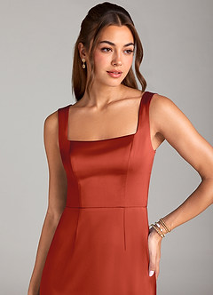Azazie Flori Bridesmaid Dresses Rust Sheath Side Slit Stretch Satin Dress image5
