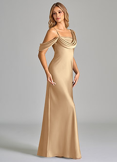 Azazie Celina Jurken voor bruidsmeisjes Jurk van Stretch Satijn met Kolom Off the Shoulder Champagne image4