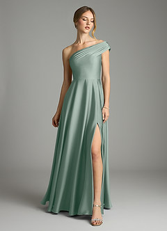 Azazie Melanie Vestidos de damas de honor Vestido de Salvia Plateada de Satén Elástico de Corte en A con Vestidos sin tirantes image3