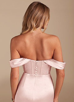 Azazie Asha Bridesmaid Dresses Blushing Pink Sheath Off the Shoulder Metallic Satin Dress image6