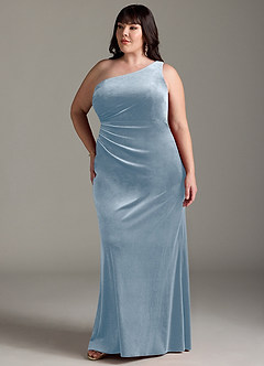 Azazie Argan Bridesmaid Dresses Dusty Blue A-Line One Shoulder Pleated Velvet Dress image11