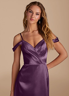 Azazie Ocean Bridesmaid Dresses Plum A-Line Off the Shoulder Metallic Satin Dress image6