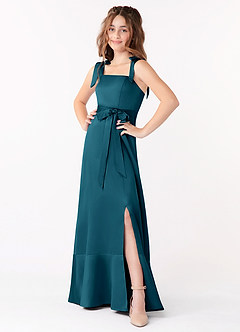 Azazie Barbara Junior Ink Blue A-Line Bow Stretch Satin Dress image1