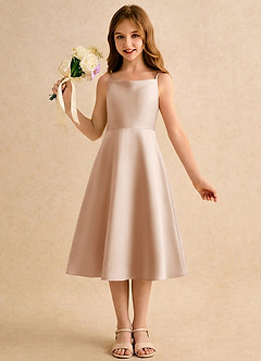 Azazie Jaella Girls Formal Blomsterpigekjoler A-Line Plisseret Mat satin Te-længde Kjole image4