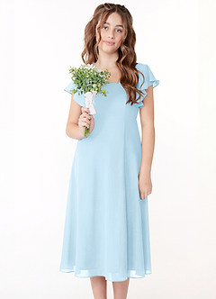 Azazie Bondi Junior A라인 셔링 쉬폰 티 길이 주니어 신부 들러리 드레스 image4