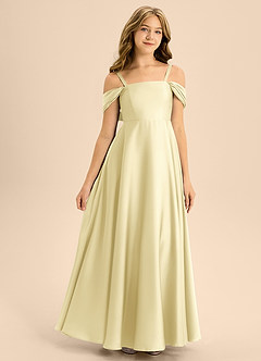 Azazie Rowena Junior Lemon Sorbet A-Line Bow Stretch Satin Dress image3