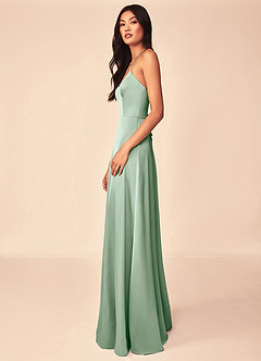 Azazie Mei Bridesmaid Dresses Agave A-Line V-Neck Stretch Satin Dress image4