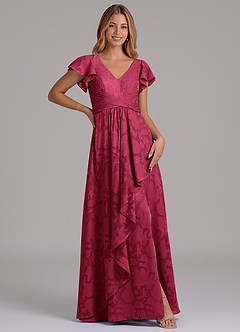 Azazie Omari 신부 들러리 드레스 A라인 주름진 플로럴 번아웃 바닥 길이 드레스 image3