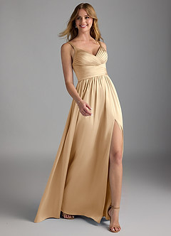 Azazie Chanel Bridesmaid Dresses Champagne A-Line Pleated Stretch Satin Dress image6