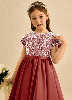 Azazie Cashew Flower Girl Dresses Terracotta Ball-Gown with Sleeves Matte Satin Dress image6