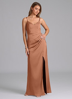 Azazie Leo Final Sale Bronzer Sheath Pleated Stretch Satin Dress image5