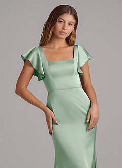 Azazie Elkie At-home Try On Dresses Emerald Mermaid Square Neckline Stretch Satin Dress image6