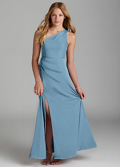 Azazie Maron Junior Steel Blue A-Line Pleated Stretch Satin Dress image1