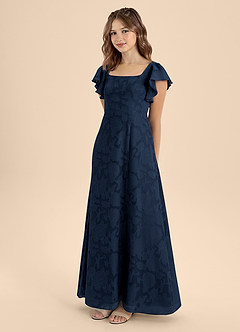 Azazie Bondi Junior Dark Navy A-Line Bow Floral Burnout Dress image3