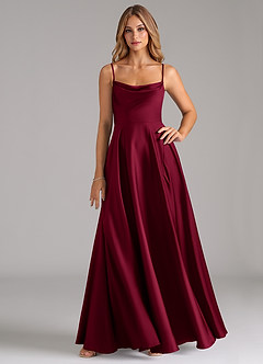Azazie Elle Bridesmaid Dresses Burgundy A-Line Pleated Stretch Satin Dress image1