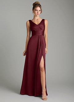 Azazie Karina Bridesmaid Dresses Cabernet A-Line Pleated Stretch Satin Dress image6