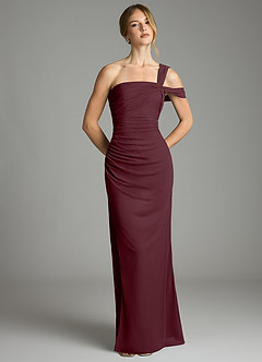 Azazie Tati Bridesmaid Dresses Cabernet Sheath Off the Shoulder Mesh Dress image2