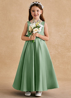 Azazie Honey Bear Flower Girl Dresses Matcha A-Line Pleated Matte Satin Dress image3