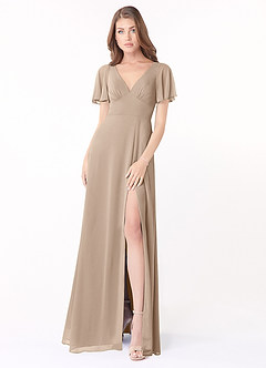 Azazie Kimber Bridesmaid Dresses Taupe A-Line Flounce Sleeve Chiffon Dress image1