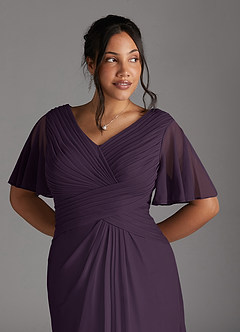 Azazie Emmeline Mother of the Bride Dresses Plum A-Line V-Neck Pleated Mesh Dress image4