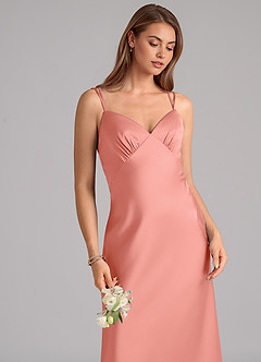 Azazie Suttona Bridesmaid Dresses Coral A-Line Pleated Stretch Satin Dress image7