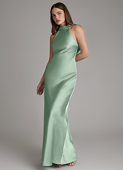 Azazie Dimitra Jurken voor bruidsmeisjes Jurk van Stretch Satijn met A-Lijn Geplooid Agave image6