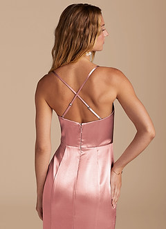 Azazie Marzia At-home Try On Dresses Auburn Mermaid Pleated Metallic Satin Dress image7