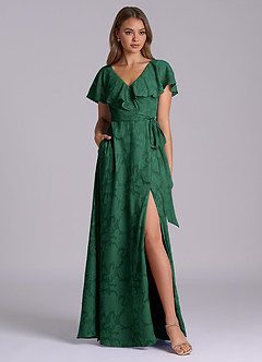 Azazie Lainey Bridesmaid Dresses Dark Green A-Line with Pockets Floral Burnout Dress image3